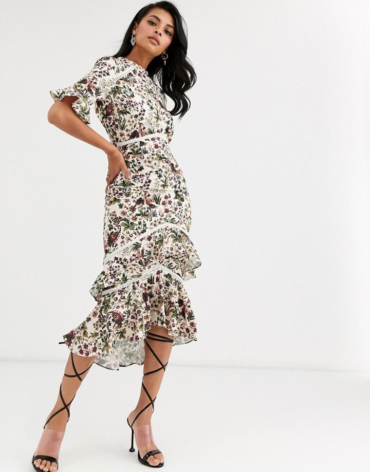 Hope & Ivy Flutter Sleeve Midaxi Dress With Ruffle Hem In Cream Tapestry Print