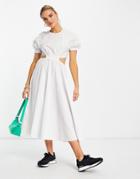 Asos Design Raglan Sleeve Cutout Midi Dress In Cotton Poplin In White