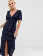 Gilli Wrap Front Midi Dress With Tie Detail In Stripe-navy