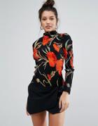 Missguided Pleated High Neck Top In Oversized Floral Print - Multi