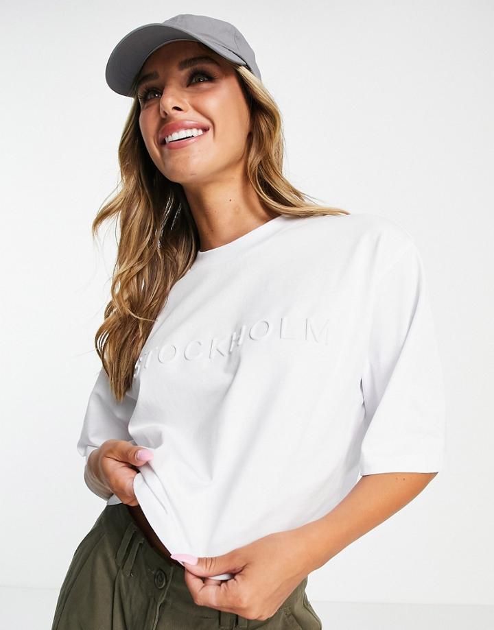 Asos Design Boxy T-shirt With Embossed Stockholm Print In White