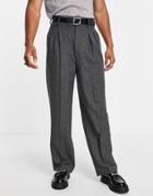 Asos Design High Waist Wide Leg Suit Pants In Charcoal Herringbone-grey