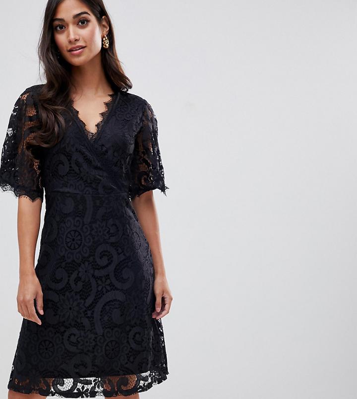Yumi Petite Lace Dress With Wrap Front And Kimono Sleeves - Black