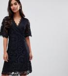Yumi Petite Lace Dress With Wrap Front And Kimono Sleeves - Black