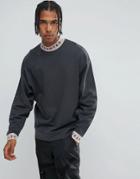 Asos Oversized Sweatshirt With Deep Neck Trim & Print - Black