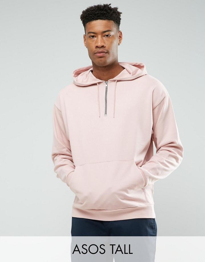 Asos Tall Oversized Half Zip Hoodie In Pink - Pink