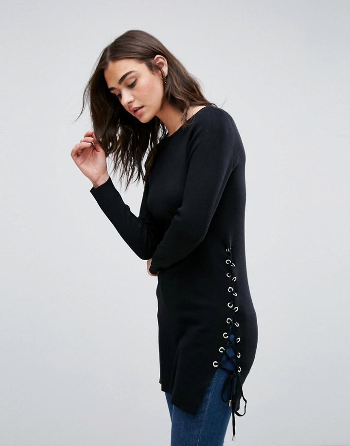 Qed London Longline Sweater With Lace Up Side - Black