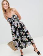 Asos Design Cut Out Midi Sundress In Dark Floral Print With Bow - Multi