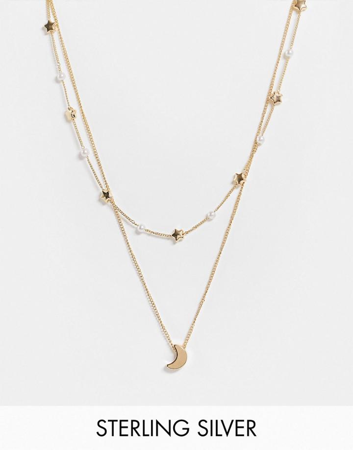 Ashiana Moon And Star Layered Necklace In Gold With Pearl Details