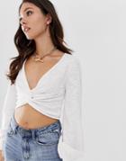 Asos Design Twist Front Sweater With Blouson Sleeve In Slub Yarn-cream