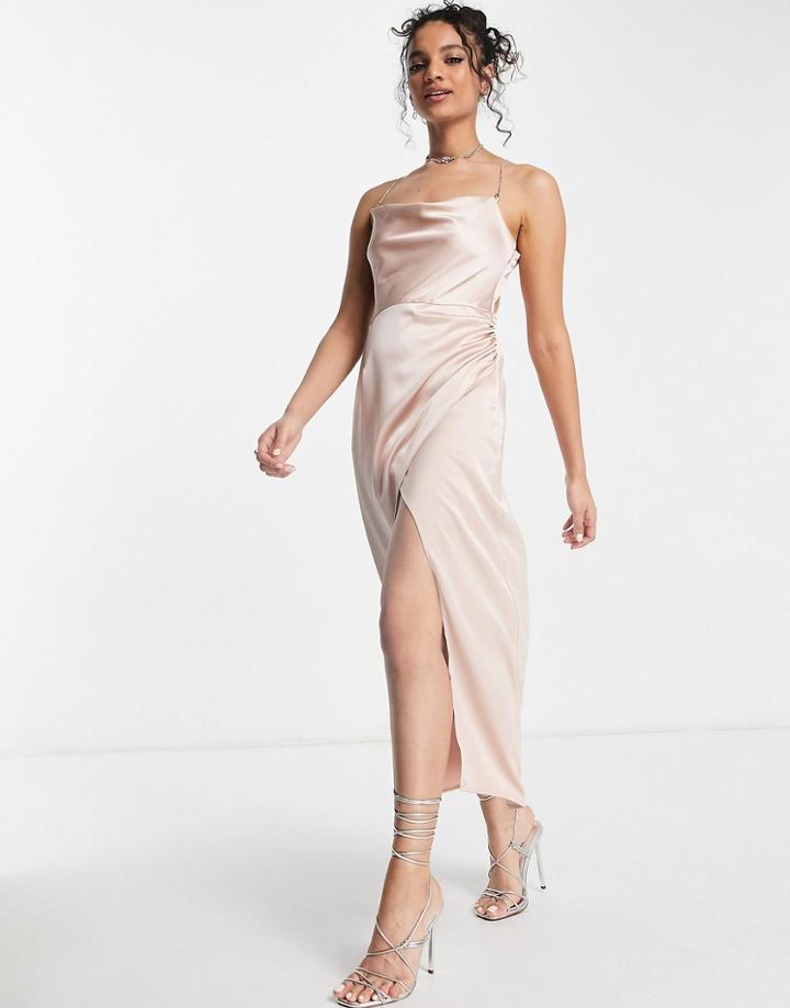 Miss Selfridge Satin Cowl Neck Diamante Strap Midaxi Dress In Blush-pink