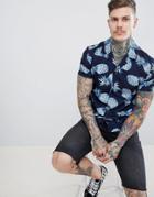 Boohooman Revere Shirt With Pineapple Print In Navy - Navy