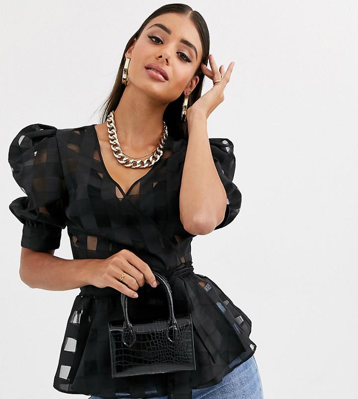Asos Design Tall Short Sleeve Check Organza Wrap Top-black