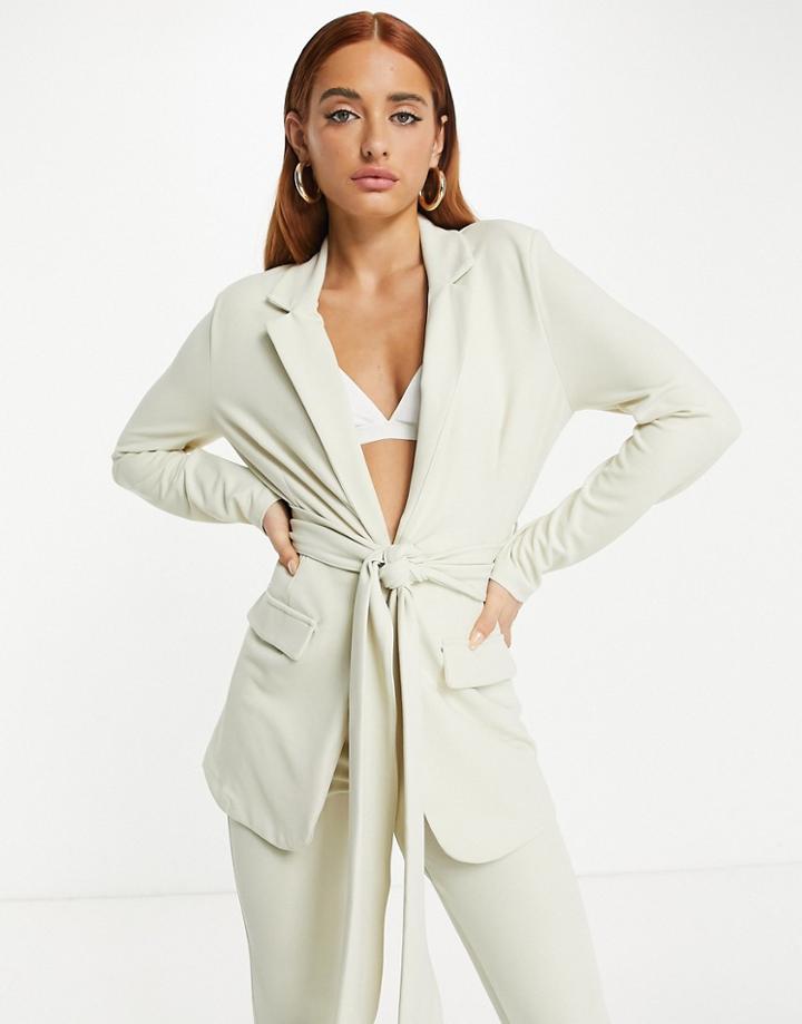 Asos Design Jersey Suit Blazer With Obi Tie Waist In Ivory-neutral