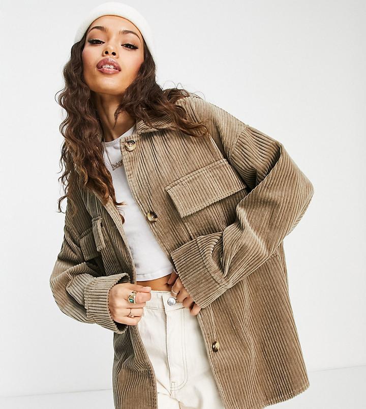 Asos Design Petite Jumbo Cord Shacket In Stone-brown