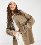 Asos Design Petite Jumbo Cord Shacket In Stone-brown