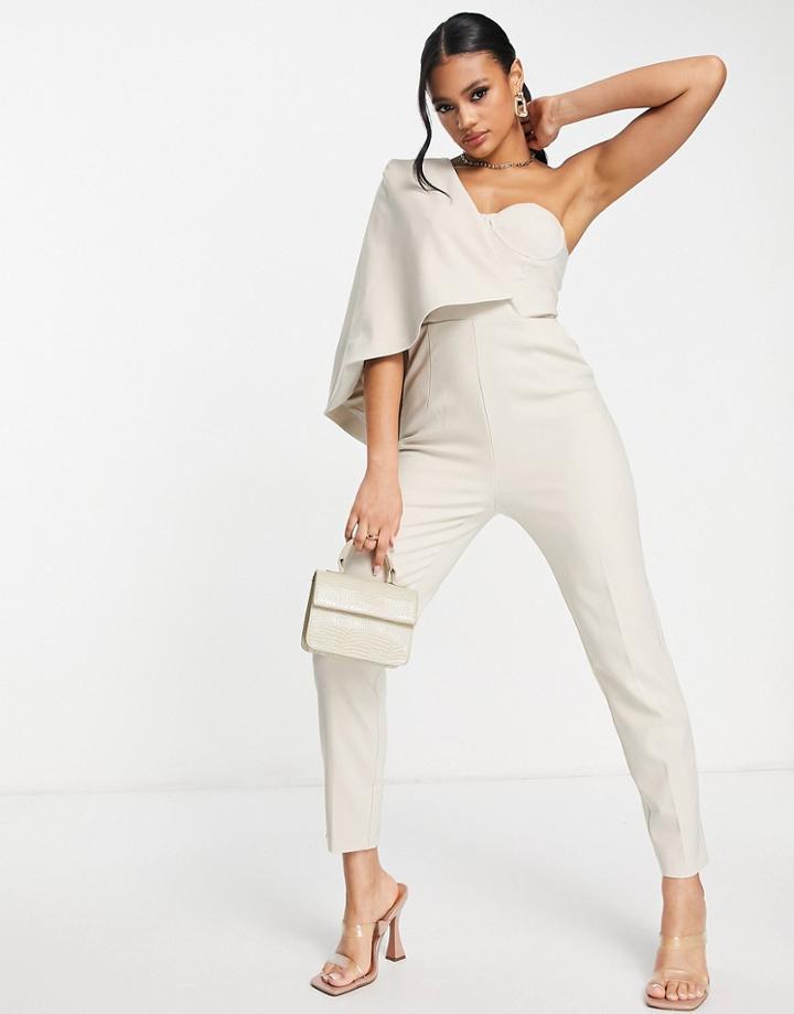 Lavish Alice One Sleeve Cape Detail Jumpsuit In Ecru-white