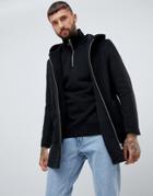 Asos Design Wool Mix Hooded Overcoat In Black - Black