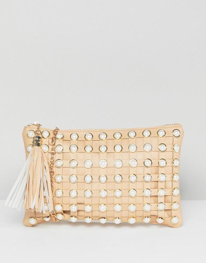Yoki Fashion Pearl Embellished Clutch With Detatchable Strap - Beige
