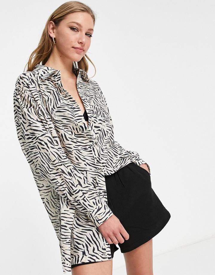 Topshop Abstract Animal Print Beach Shirt In Multi-neutral