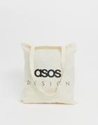 Asos Design Tote Bag In Beige With Text Print - Beige