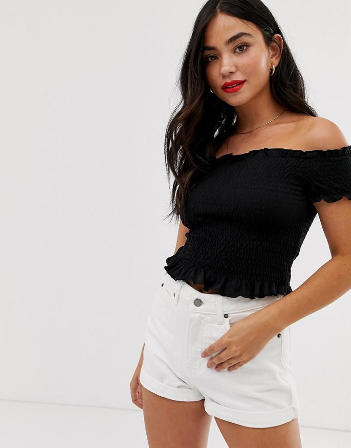 New Look Shirred Bardot Top In Black - Black