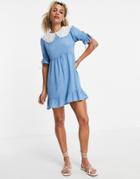 Violet Romance Chambray Mini Dress With Broderie Collar-blues