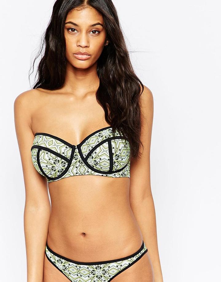 Asos Fuller Bust Exclusive Linear Beat Print Contrast Longline Bikini Top Dd-g - Beat Linear