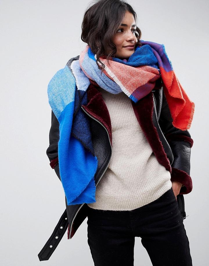 Asos Design Oversized Square Scarf In Blown Up Check In Blue And Red - Blue