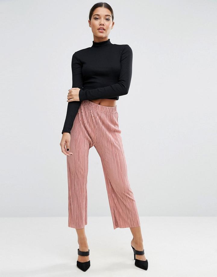 Asos Wide Leg Pleated Plisse Pants With Raw Hem - Pink