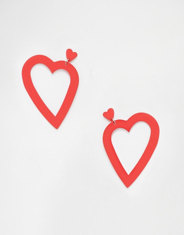 Asos Design Earrings With Open Heart Drop In Matte Red - Red