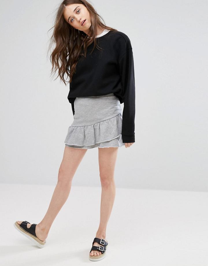 Pull & Bear Frill Detail Skirt In Jersey - Gray