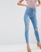 Asos Ridley High Waist Skinny Jeans In Albie Lightwash Blue With Rips And Reverse Stepped Hems - Blue