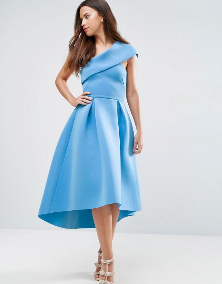 Asos One Shoulder Foam Scuba Dip Back Midi Skater Dress - Blue