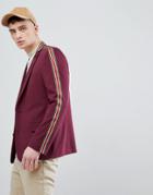 Asos Design Skinny Blazer In Burgundy With Taping - Red