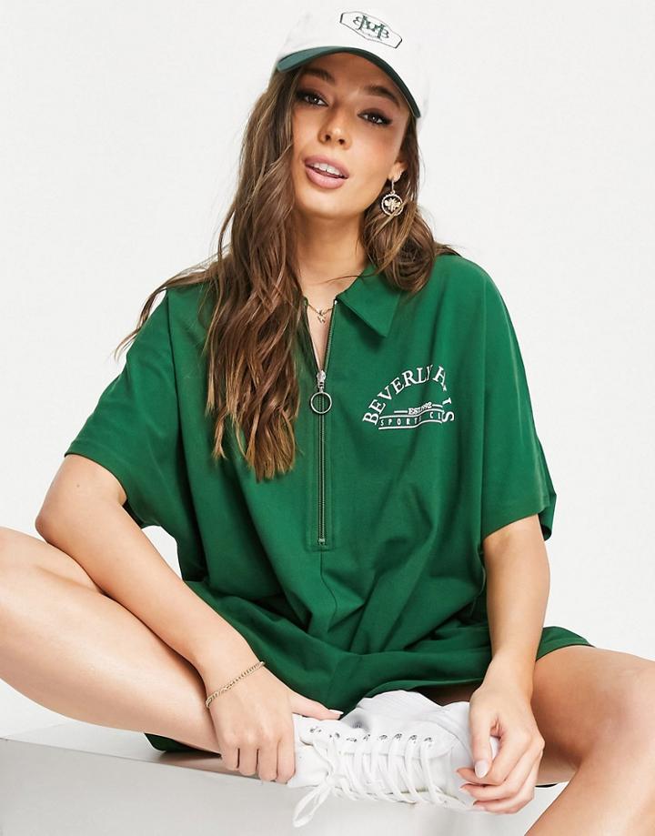 Asos Design Beverly Hills Slogan Romper In Forest Green