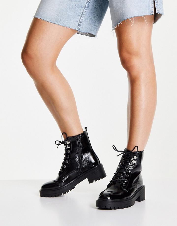 New Look Chunky Lace Up Patent Flat Boot In Black