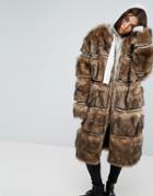 Story Of Lola Longling Faux Fur Coat With Sporty Trims - Brown