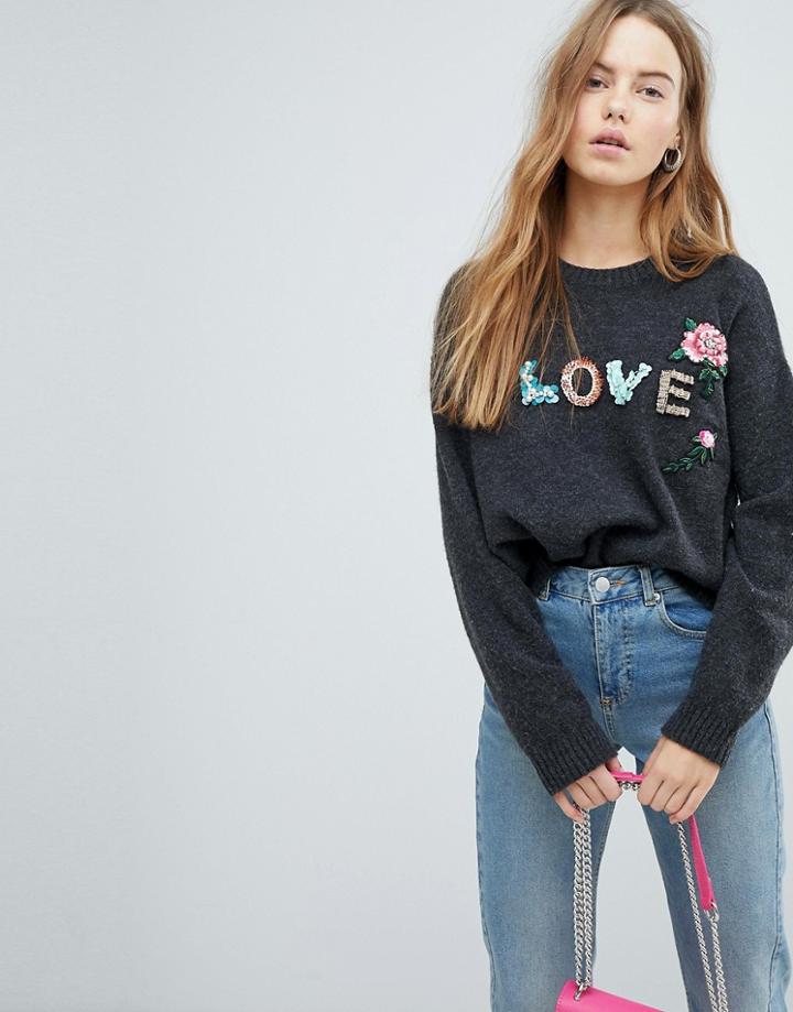 Bershka Love Beaded Knitted Sweater - Gray