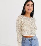 Asos Design Petite Long Sleeve Top With Sequin Embellishment-gold