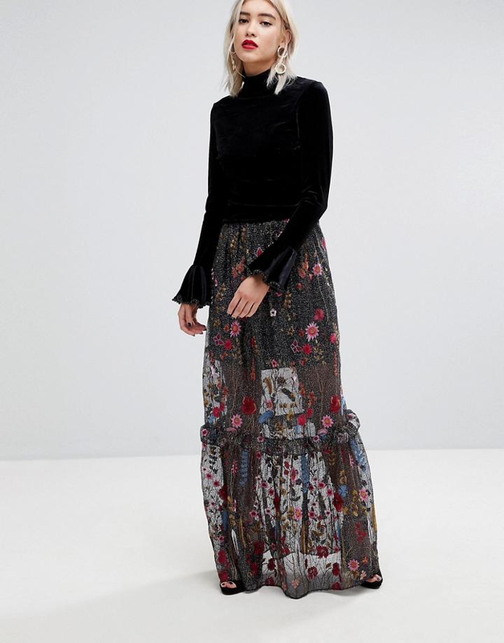 Lost Ink Statement Maxi Skirt In Premium Embroidered Lace - Black