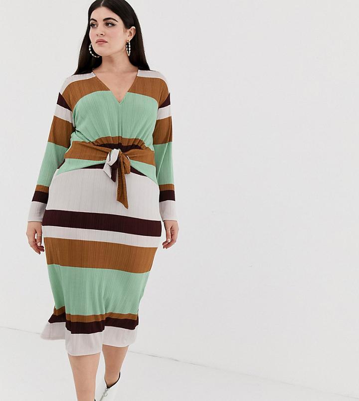 Asos Design Curve 70s Stripe Rib Midi Dress With Knot Front - Multi