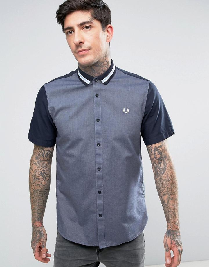 Fred Perry Short Sleeve Shirt Bomber Stripe Collar In Navy - Navy