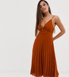 Asos Petite Twist Front Cami Midi Dress With Pleat Skirt - Orange