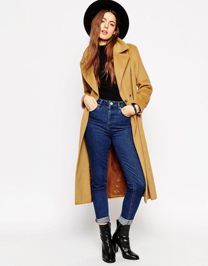Asos Coat In Midi With Stab Stitch Detail - Camel