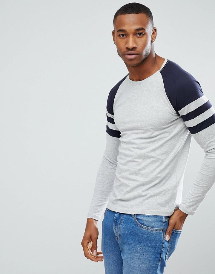 Only & Sons Raglan Long Sleeve T-shirt With Contrast Stripe Sleeve Detail - Gray