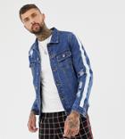 Mauvais Muscle Fit Denim Jacket With Distressing And Side Stripe - Blue
