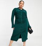 Asos Design Curve Slinky Slim Fitted Midi Shirt Dress With Ruching In Dark Green