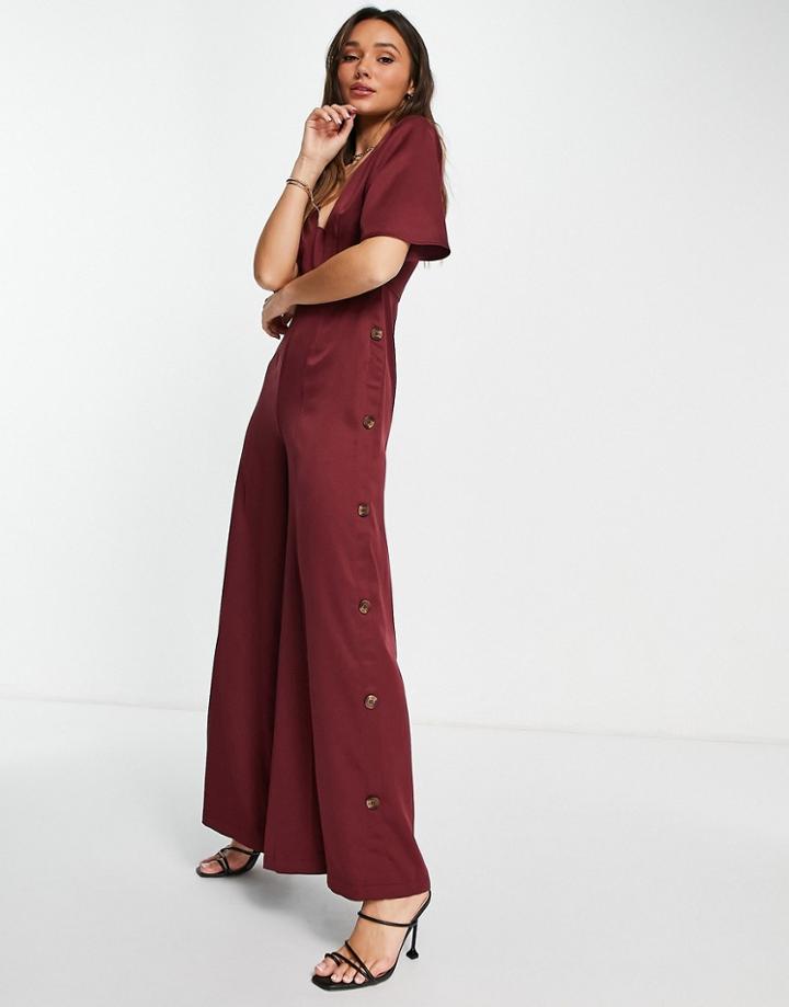 Asos Design Button Side Batwing Jumpsuit In Berry-purple