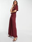 Asos Design Button Side Batwing Jumpsuit In Berry-purple